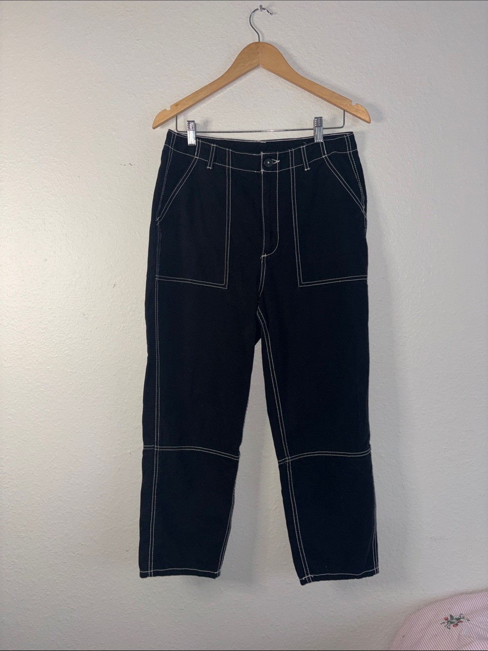 divided Black Jeans with White Topstitching